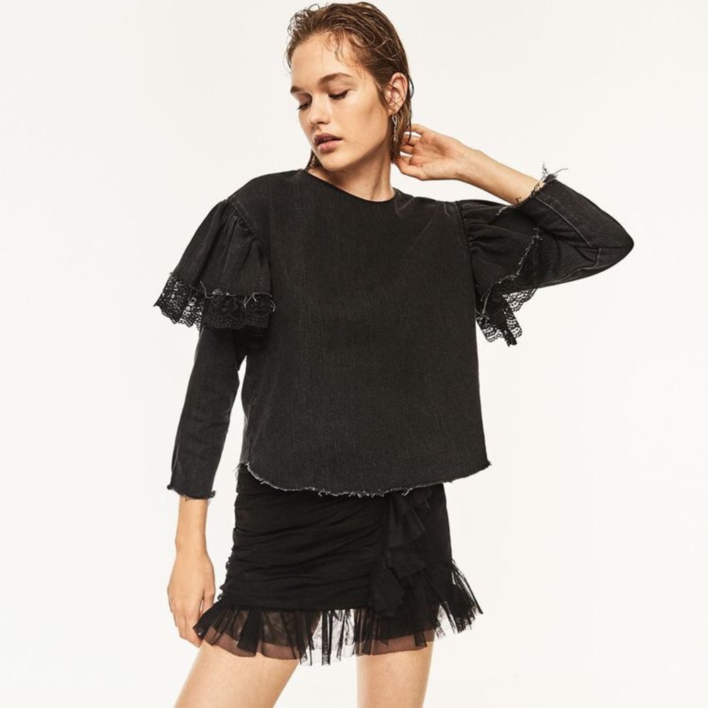Zara Trafaluc Frayed Denim Frilled Sleeve Top